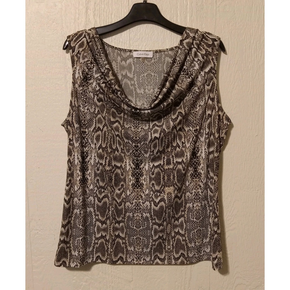 Calvin Klein Cowl Neck Top Women XL Brown Snakeskin Print Sleeveless Shell
